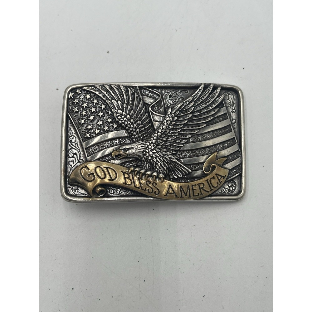 Vintage God Bless America Eagle USA Flag Patriotic Western Belt Buckle